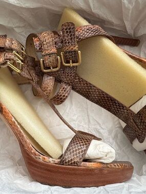 Stuart Weitzman Brown Snakeskin Platform Sandals with Gold Buckles